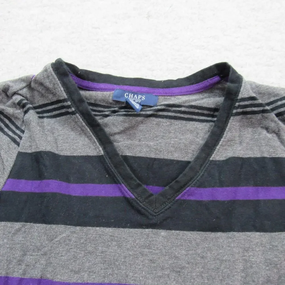 Chaps Sweater Womens Large Gray Black Purple Striped V Neck Pullover Long Sleeve